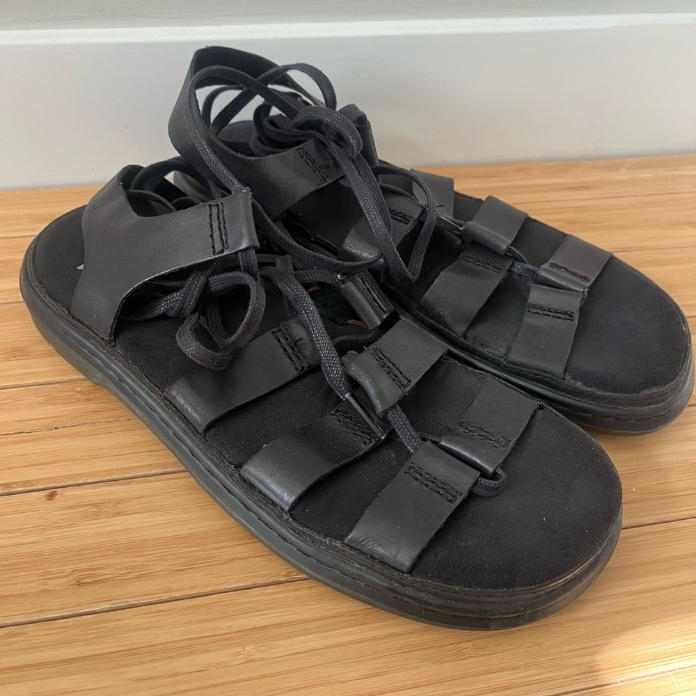 Dr. Martens Black Leather Nartilla Tie Up Sandal Flats 8